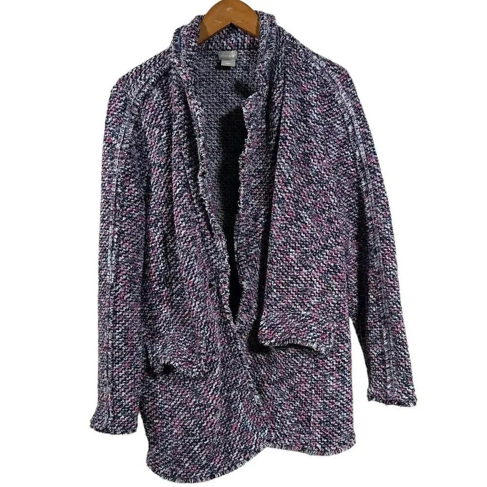 Chico’s Women’s Tweed Multicolor Structured Notch Collar Fringe Cardigan Size 2